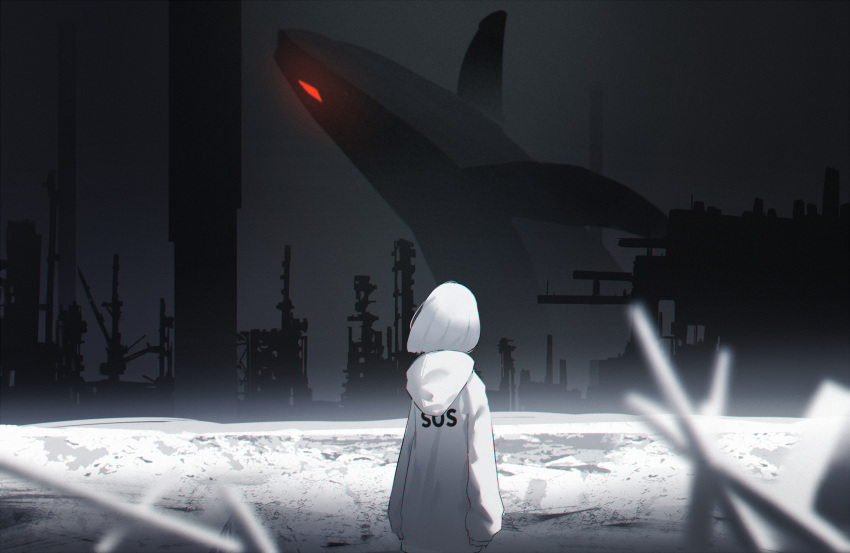 1girl animal blurry blurry_foreground city clothes_writing flying_whale from_behind glowing glowing_eye highres hood hoodie laluna night night_sky original oversized_animal ruins scenery short_hair sky solo whale white_hair