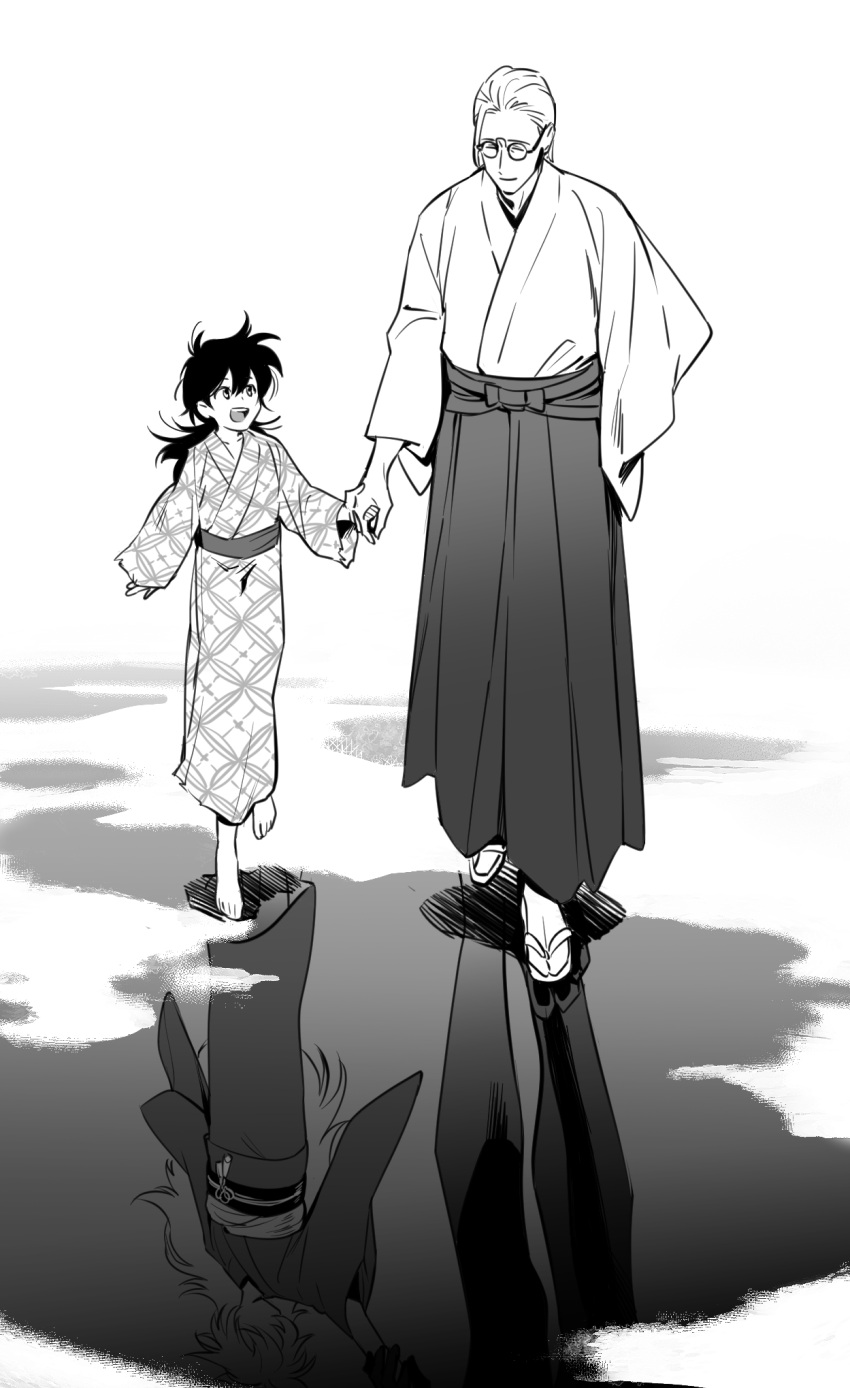 1boy 1girl barefoot child chinese_commentary closed_eyes closed_mouth commentary_request different_reflection dual_persona female_child full_body glasses greyscale haine_(summertime_render) highres holding_hands japanese_clothes kanngetsuan kannushi karikiri_masahito kimono long_hair long_sleeves looking_at_another monochrome multiple_sources open_mouth ponytail print_kimono reflection round_eyewear sandals shide_(summertime_render) short_hair simple_background smile socks spoilers standing summertime_render walking white_background