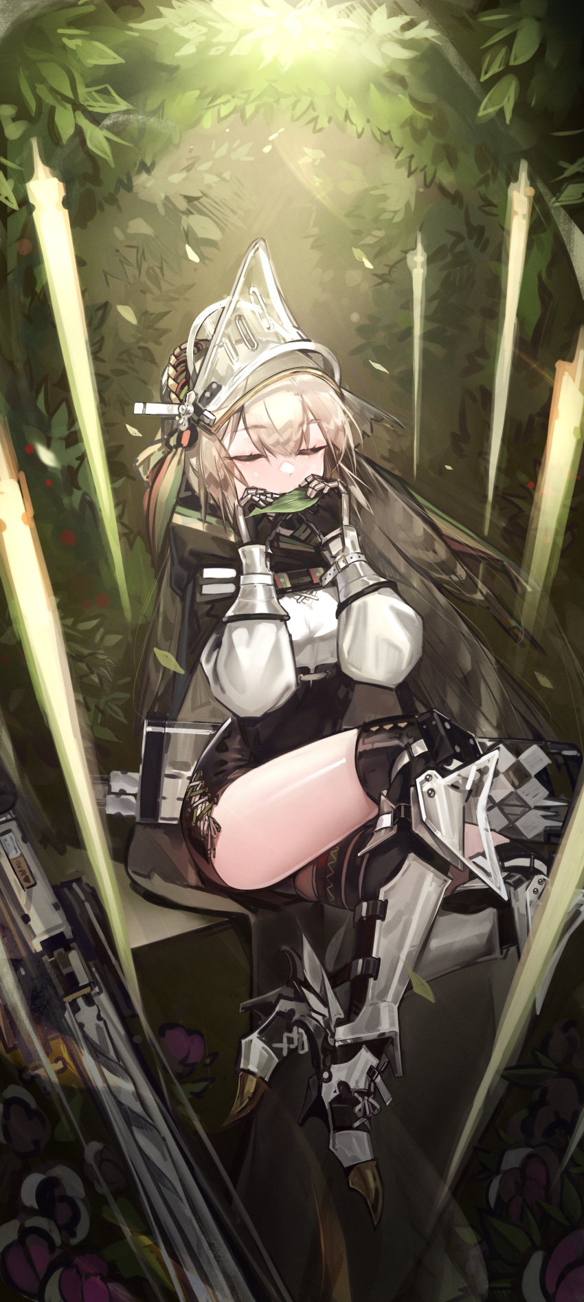 1girl absurdres arknights armor brown_hair closed_eyes fartooth_(arknights) feather_hair forest gauntlets greaves highres libiadan long_hair nature sitting thigh-highs visor_(armor) whistling