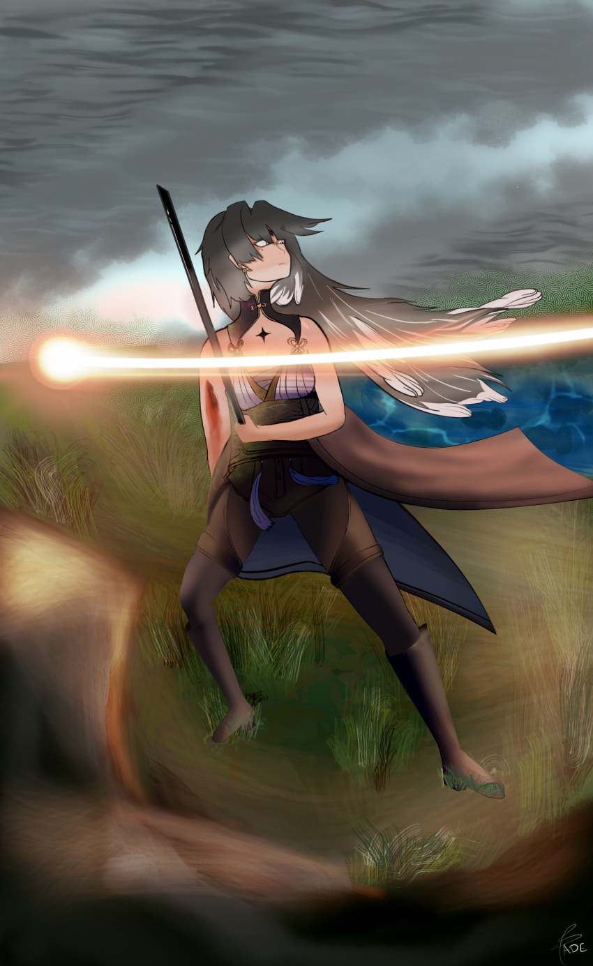 1girl absurdres ade2 black_hair closed_mouth dodge fighting_stance highres injury non-web_source standing sword weapon wuthering_waves