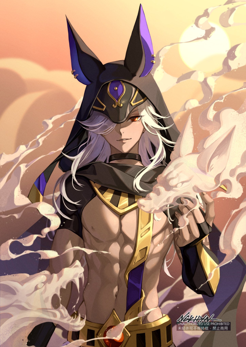 1boy abs animal_ears animal_hat arabian_clothes arm_up artist_name bangs black_choker black_headwear black_shorts bridal_gauntlets choker commentary cyno_(genshin_impact) dark-skinned_male dark_skin ear_piercing eyelashes fingernails gem genshin_impact hair_over_one_eye hat highres holding jackal_ears light_smile long_hair looking_at_viewer male_focus midriff ngkhyn nipples one_eye_covered open_mouth parted_bangs pectorals piercing red_eyes shorts sidelocks signature solo stomach swept_bangs white_hair
