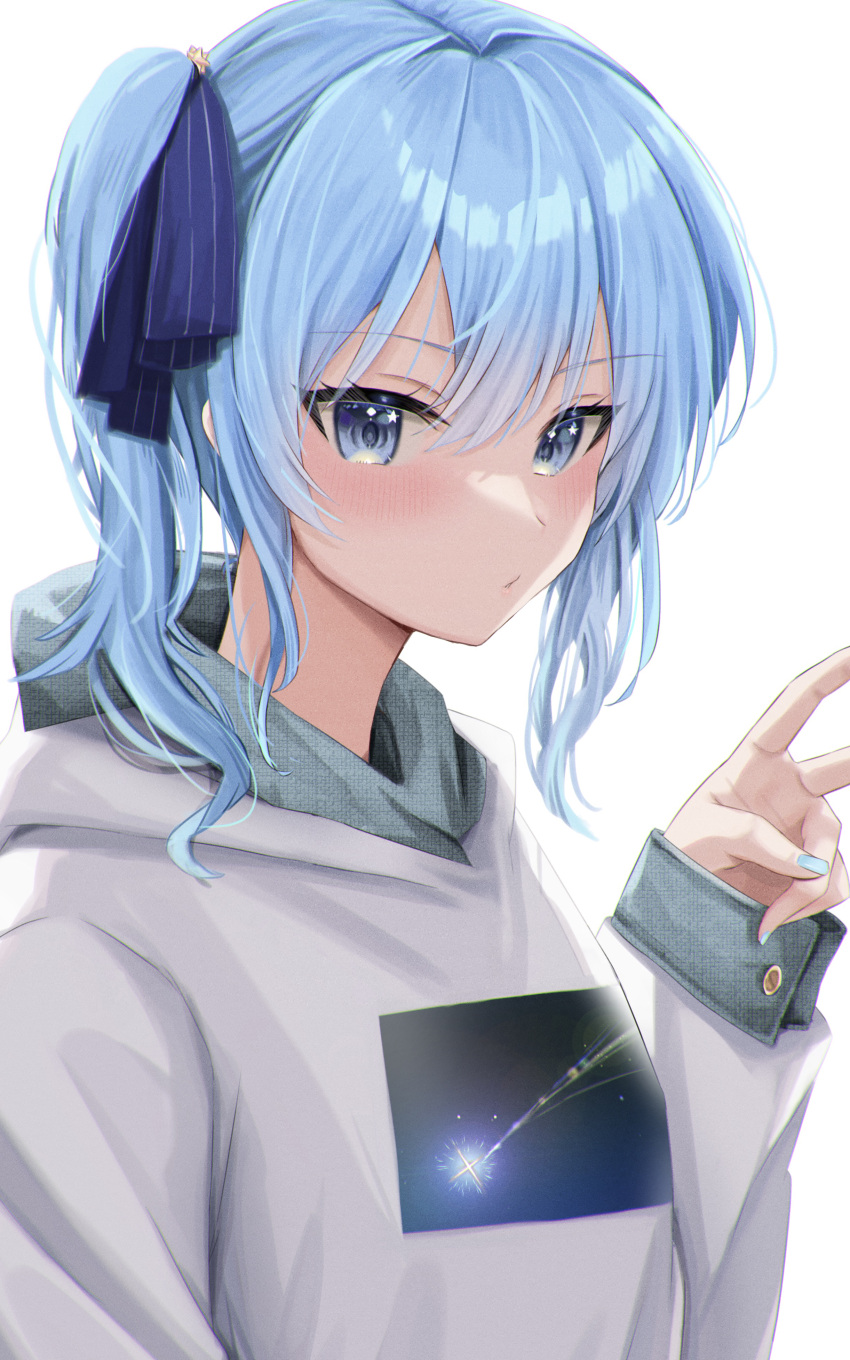 1girl absurdres blue_eyes blue_hair blue_nails blush casual hair_ribbon highres hololive hood hoodie hoshimachi_suisei looking_at_viewer medium_hair nail_polish otsu_hai18 parted_lips ribbon shooting_star side_ponytail simple_background star_in_mouth upper_body v virtual_youtuber white_background