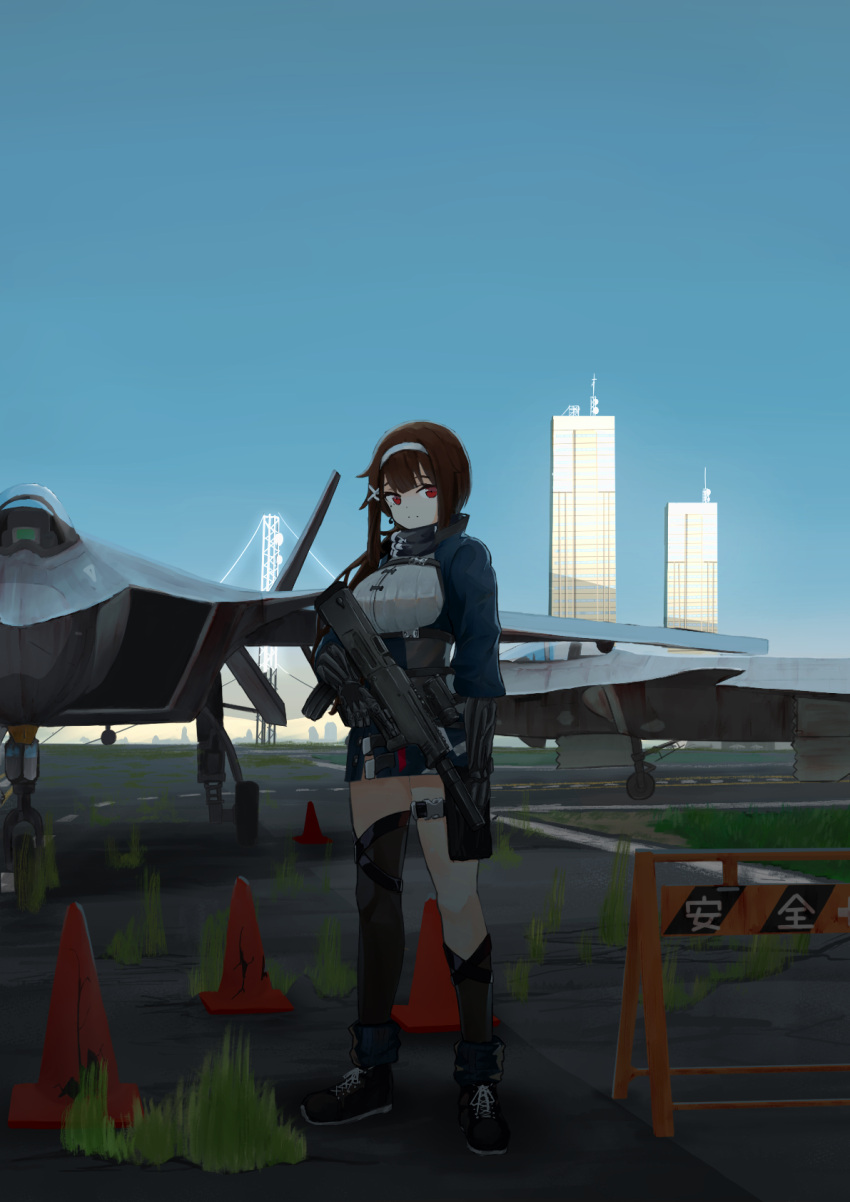 1girl aircraft airplane bangs blue_jacket blue_sky breasts brown_hair building fighter_jet full_body girls_frontline gun hair_between_eyes hairband hanabusaraleigh highres holding holding_gun holding_weapon j-20 jacket jet js_9_(girls'_frontline) js_9_mm long_hair looking_at_viewer mechanical_arms military military_vehicle mole mole_under_eye outdoors red_eyes sidelocks skirt sky solo standing weapon white_hairband