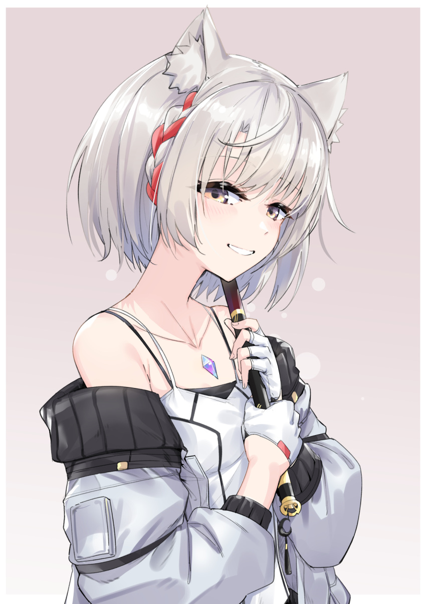 1girl animal_ear_fluff animal_ears bangs bob_cut breasts brown_background cat_ears collarbone flute gloves grey_jacket grin highres holding holding_instrument instrument jacket long_sleeves mio_(xenoblade) off_shoulder simple_background small_breasts smile solo spaghetti_strap white_gloves white_hair xenoblade_chronicles_(series) xenoblade_chronicles_3 yellow_eyes zooanime