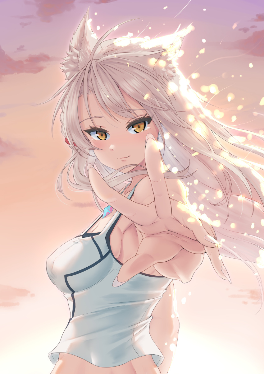 1girl absurdres alternate_hair_length alternate_hairstyle animal_ears braid breasts from_behind highres light_particles looking_at_viewer mio_(xenoblade) sky tank_top togin xenoblade_chronicles_(series) xenoblade_chronicles_3 yellow_eyes