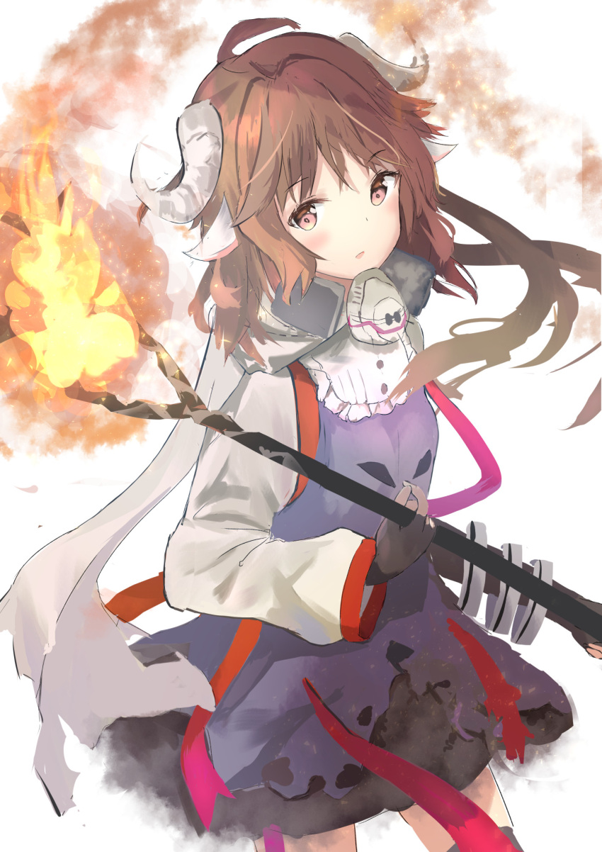1girl ahoge animal_ears arknights bangs black_gloves blush brown_hair commentary_request cowboy_shot dress eyjafjalla_(arknights) fingerless_gloves fire gloves hair_between_eyes highres holding holding_staff horns koge_nattou long_hair looking_at_viewer mask mask_around_neck parted_lips red_eyes sheep_ears sheep_girl sheep_horns solo staff standing
