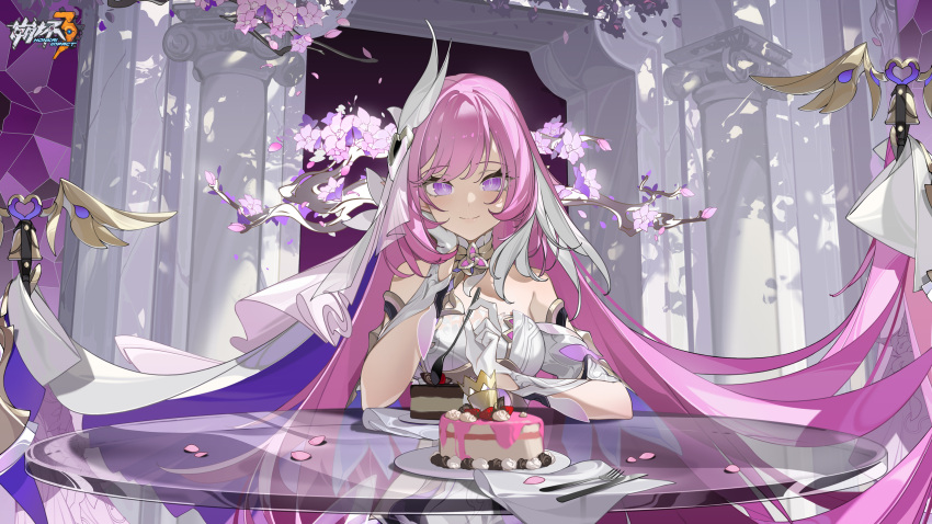 1girl bangs bare_shoulders cake closed_mouth dress elf elysia_(herrscher_of_human:ego) elysia_(honkai_impact) flower food fork gloves hair_ornament hand_on_own_cheek hand_on_own_face highres holding holding_spoon honkai_(series) honkai_impact_3rd knife long_hair looking_at_viewer official_art pink_eyes pink_flower pink_hair pointy_ears smile solo spoon table white_dress white_gloves