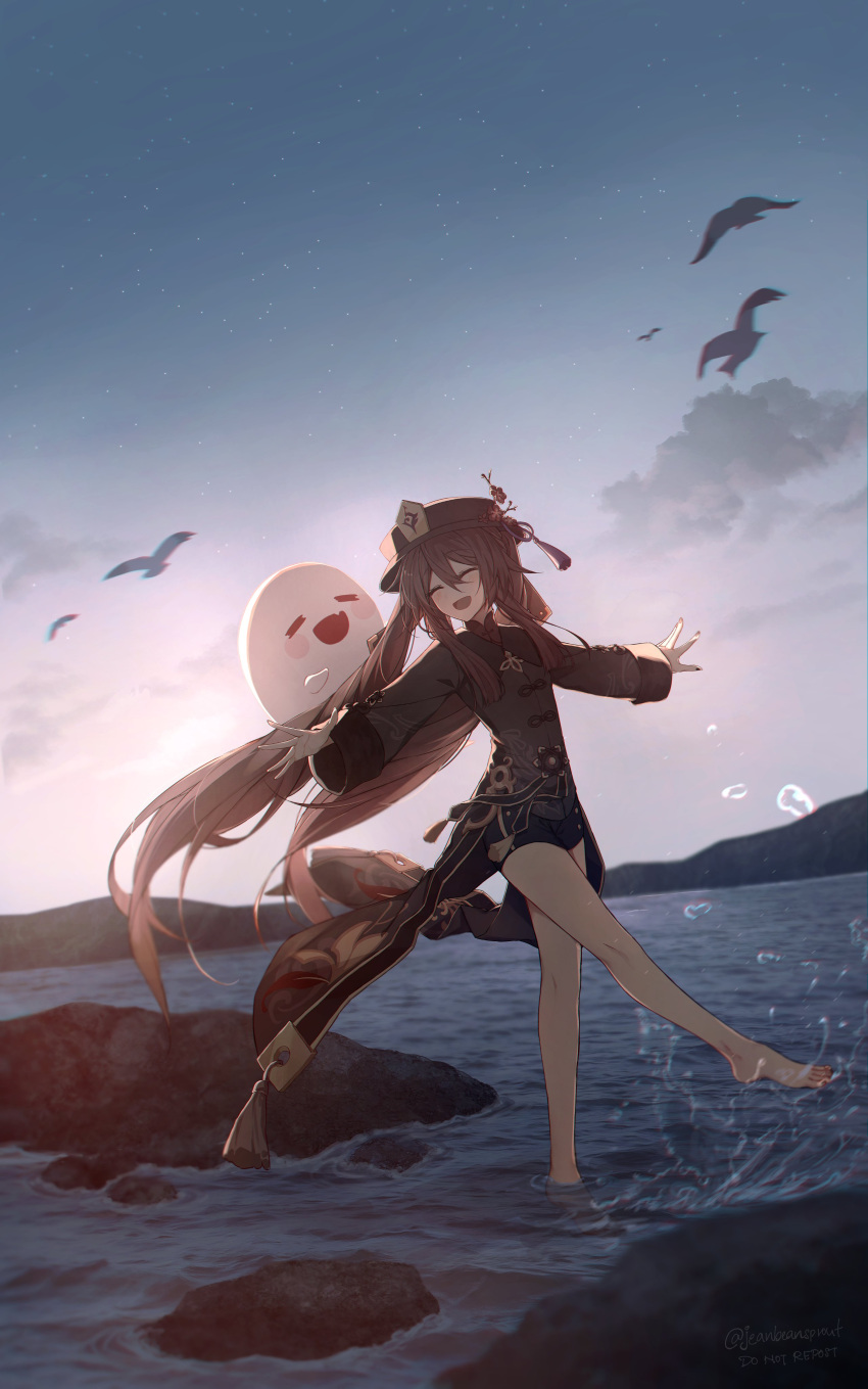 1girl :d absurdres backlighting bangs bare_legs bird black_bird black_headwear black_nails black_shorts blurry blurry_foreground blush boo_tao_(genshin_impact) brooch brown_coat brown_flower brown_hair brown_shirt closed_eyes clouds coat coattails collared_coat collared_shirt commentary english_commentary english_text evening facing_viewer flower full_body genshin_impact ghost gradient_sky hair_between_eyes hat hat_ornament high_collar highres hu_tao_(genshin_impact) jeanbeansprout jewelry lake long_hair long_sleeves mountainous_horizon no_shoes open_hands open_mouth outstretched_arms plum_blossoms porkpie_hat rock shirt shorts sky sleeves_past_wrists smile solo standing standing_on_one_leg star_(sky) starry_sky talisman tassel twintails twitter_username very_long_hair wading water wide_sleeves