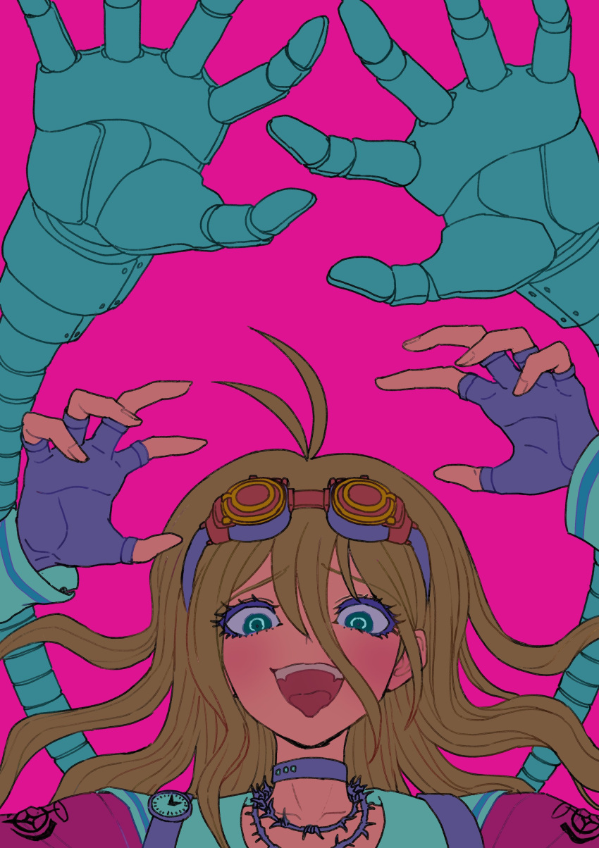 1girl :d absurdres antenna_hair arms_up bangs barbed_wire choker collarbone danganronpa_(series) danganronpa_v3:_killing_harmony fingerless_gloves gloves goggles goggles_on_head hair_between_eyes highres iruma_miu long_hair mechanical_arms pink_background pink_shirt shirt simple_background smile solo teeth tongue tongue_out upper_teeth youko-shima