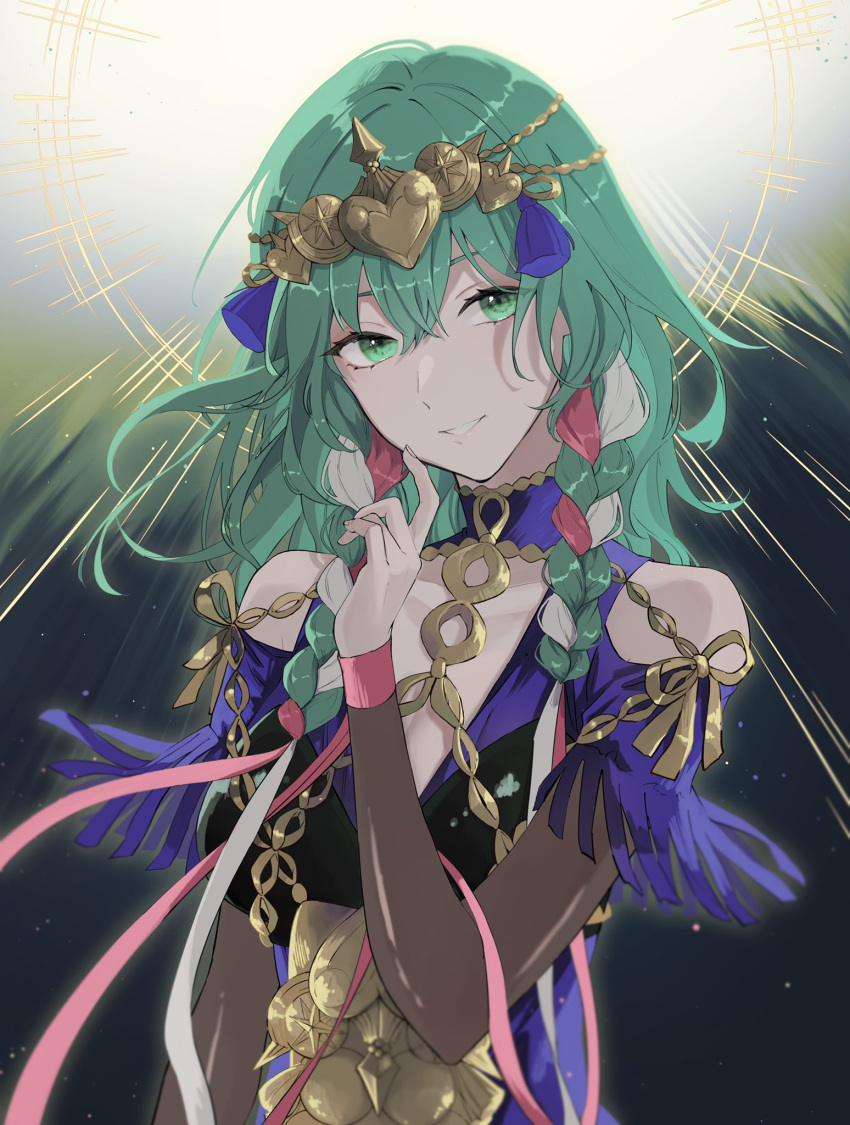 1girl blue_dress braid breasts byleth_(fire_emblem) byleth_eisner_(female) circlet clothing_cutout commentary cosplay dress fire_emblem fire_emblem:_three_houses fire_emblem_heroes gold_trim green_eyes green_hair highres long_hair looking_at_viewer medium_breasts multicolored_hair official_alternate_costume pana_(87) parted_lips pink_hair pink_ribbon ribbon shoulder_cutout side_braids smile solo sothis_(fire_emblem) sothis_(fire_emblem)_(cosplay) twin_braids upper_body white_hair white_ribbon