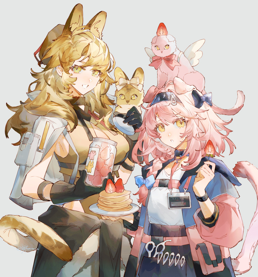 2girls animal_ear_fluff animal_ears animal_on_head arknights armpits belt black_bow black_gloves black_headband black_jacket black_skirt blue_jacket bow braid breasts brown_leotard cat cat_ears cat_girl cat_on_head cat_tail cleavage_cutout clothes_around_waist clothing_cutout coat collar cowboy_shot food fruit gloves goldenglow_(arknights) grey_background hair_bow headband high-waist_skirt highres holding holding_plate id_card infection_monitor_(arknights) jacket jacket_around_waist jar large_breasts leotard lightning_bolt_print looking_at_viewer medium_hair multicolored_clothes multicolored_jacket multiple_girls on_head open_clothes open_coat open_mouth opening_can pancake pancake_stack parted_lips pink_cat pink_hair pink_jacket plate quercus_(arknights) scottish_fold serval shirt short_hair side_braid side_slit simple_background skirt smile strawberry tail two-tone_jacket white_shirt yellow_eyes yuji_(fantasia)