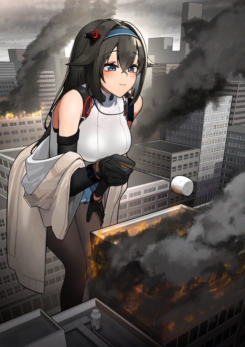 1girl absurdres bangs black_gloves black_hair blue_eyes blue_hairband blush breasts burning city day english_commentary feet_out_of_frame fire food giant giantess girls_frontline gloves hairband hanabusaraleigh headband highres jacket large_breasts long_hair looking_at_food mod3_(girls'_frontline) mole mole_under_eye off_shoulder outdoors pantyhose skirt smile solo super_sass_(girls'_frontline) third-party_source tofu