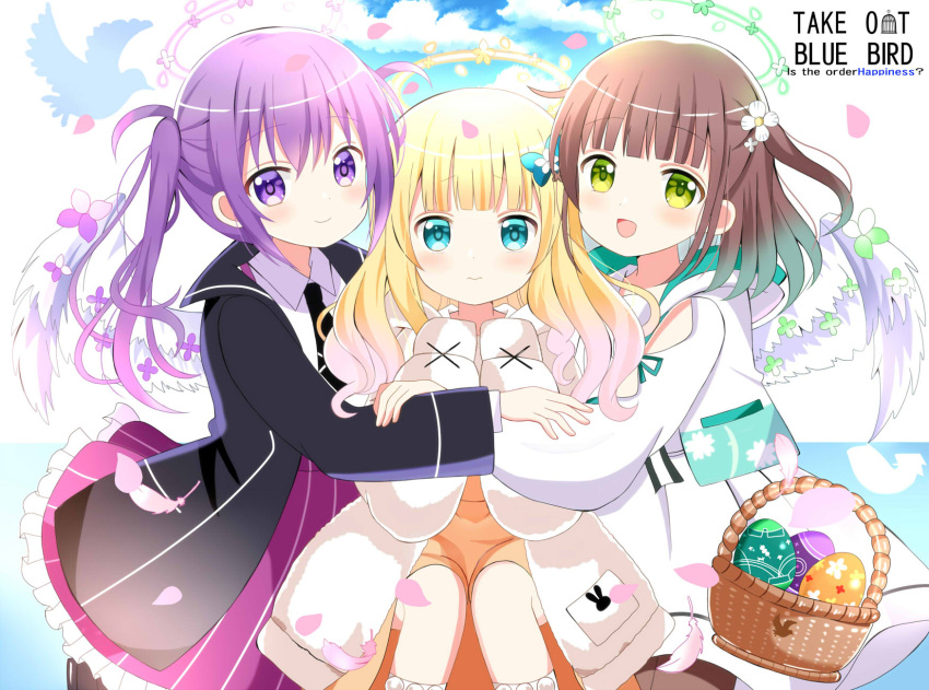 3girls :d bangs basket black_jacket black_necktie blonde_hair blue_bow blue_eyes blunt_bangs blush bow brown_hair brown_pantyhose brown_skirt closed_mouth collared_shirt commentary_request easter_egg egg english_text feathered_wings feathers feet_out_of_frame flower frilled_skirt frills gochuumon_wa_usagi_desu_ka? green_eyes hair_between_eyes hair_bow hair_flower hair_ornament halo hands_up highres hood hood_down hooded_jacket hug jacket kirima_syaro long_sleeves multiple_girls necktie pantyhose puffy_long_sleeves puffy_sleeves purple_hair purple_skirt ryoutan shirt sitting skirt sleeves_past_fingers sleeves_past_wrists smile socks striped striped_skirt tedeza_rize twintails two_side_up ujimatsu_chiya vertical-striped_skirt vertical_stripes violet_eyes wavy_mouth white_feathers white_flower white_jacket white_shirt white_socks white_wings wings