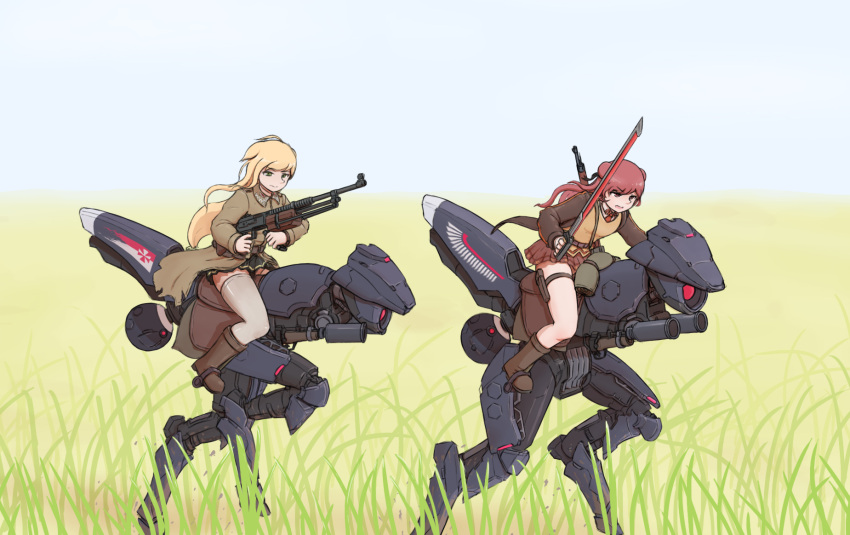 2girls alternate_costume awsaedmd blonde_hair breasts brown_footwear clear_sky closed_mouth double_bun dragoon_(girls'_frontline) english_commentary girls_frontline grass green_eyes gun hair_bun highres holding holding_sword holding_weapon large_breasts long_hair long_sleeves looking_ahead m1918_(girls'_frontline) m1918_bar machine_gun multiple_girls open_mouth outdoors pink_hair pleated_skirt riding riding_machine rifle robot skirt sky sword weapon wz.29 wz.29_(girls'_frontline)
