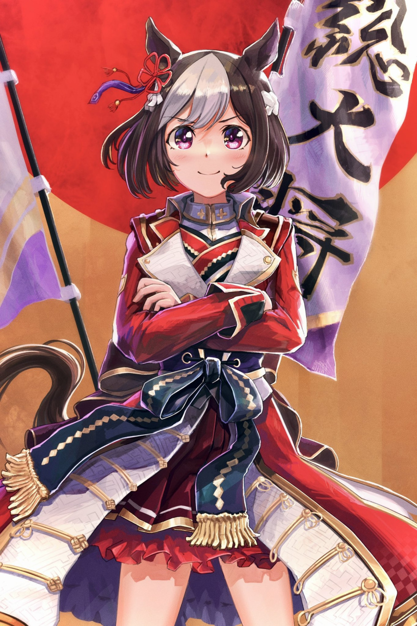 1girl alternate_costume animal_ears armor blush commentary_request crossed_arms flag hair_ornament highres horse_ears horse_girl horse_tail japanese_armor looking_at_viewer medium_hair ponpochi simple_background solo special_week_(supreme_commander_of_the_rising_sun)_(umamusume) special_week_(umamusume) tail umamusume violet_eyes