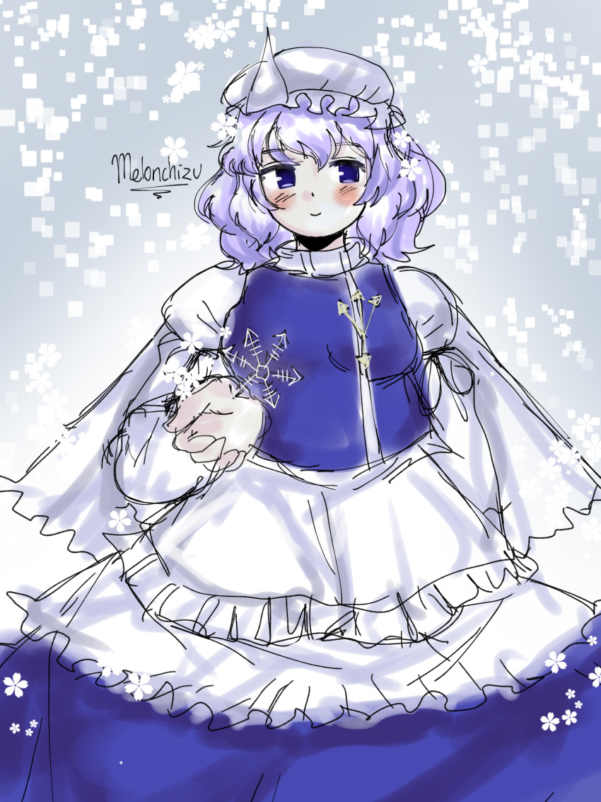 artist_name blue_dress blush dress frilled_dress frills hand_up hat highres letty_whiterock light_purple_hair looking_at_viewer medium_hair mob_cap perfect_cherry_blossom purple_hair smile snow snowflakes snowing soldierburger touhou violet_eyes wavy_hair white_dress