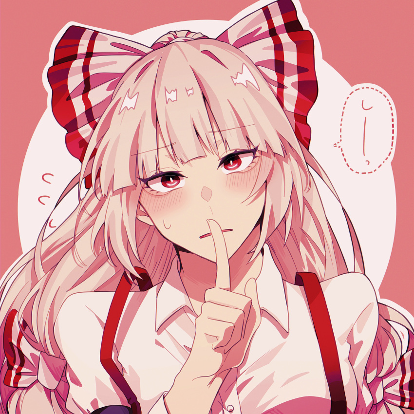 1girl absurdres bangs blunt_bangs blush bow buttons collared_shirt commentary_request finger_to_mouth flying_sweatdrops fujiwara_no_mokou hair_bow highres long_hair long_sleeves looking_at_viewer ponytail portrait red_eyes shirt shushing solo somei_ooo suspenders touhou two-tone_bow upper_body white_hair white_shirt wing_collar
