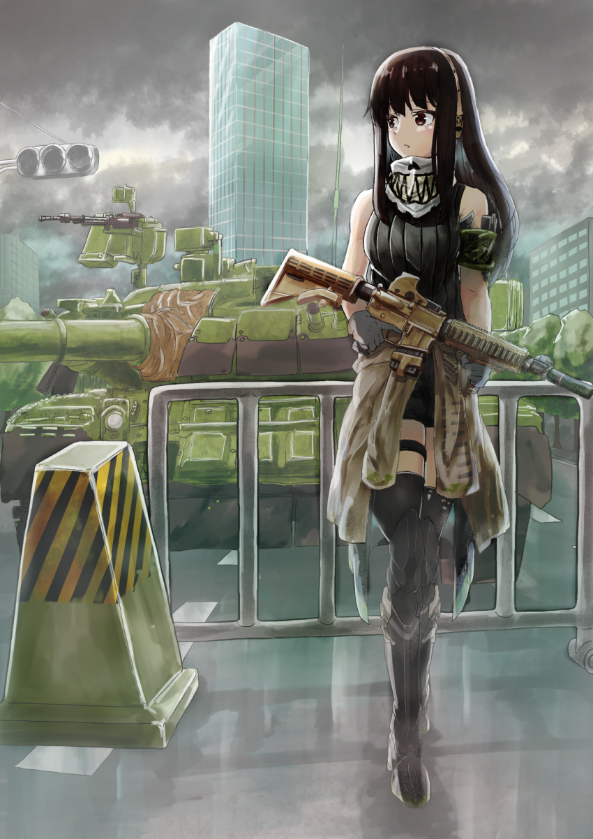 1girl armband assault_rifle bangs black_eyes black_hair breasts building clothes_around_waist clouds cloudy_sky commentary_request full_body garter_straps girls_frontline green_hair ground_vehicle gun hanabusaraleigh highres holding holding_gun holding_weapon jacket jacket_around_waist long_hair looking_to_the_side m4_carbine m4a1_(girls'_frontline) military military_vehicle motor_vehicle outdoors rifle scarf single_garter_strap sky solo t-80 tank thigh-highs weapon
