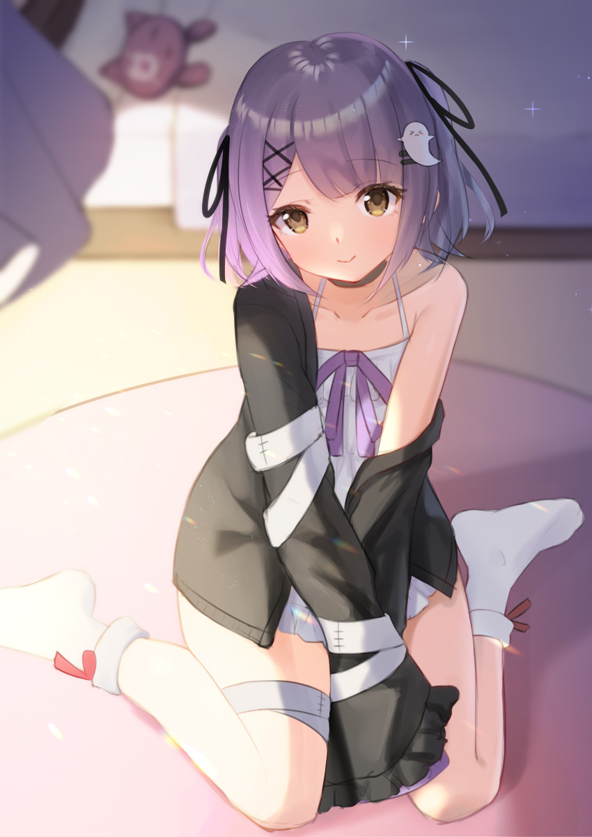 1girl absurdres arms_between_legs bangs bare_shoulders bed black_ribbon blurry blurry_background blurry_foreground closed_mouth collarbone commentary dot_nose feet forehead ghost_hair_ornament hair_ornament highres long_sleeves looking_at_viewer off_shoulder purple_hair ribbon shinomiya_runa short_hair sitting sleeves_past_wrists smile socks soles solo sparkle stuffed_animal stuffed_cat stuffed_toy t0hkiji thigh_strap thighs virtual_youtuber vspo! wariza white_socks x_hair_ornament yellow_eyes