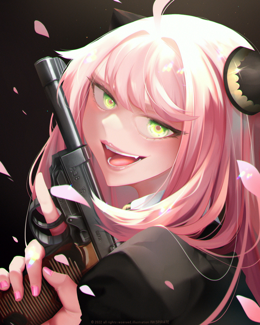 1girl ahoge anya_(spy_x_family) artist_name backlighting black_background chromatic_aberration eyelashes fingernails glint green_eyes gun highres holding holding_gun holding_weapon inkspirate light_particles long_eyelashes long_hair looking_at_viewer older open_mouth petals pink_lips pink_nails puffy_sleeves purple_pupils simple_background smile solo spy_x_family teeth tongue upper_body weapon