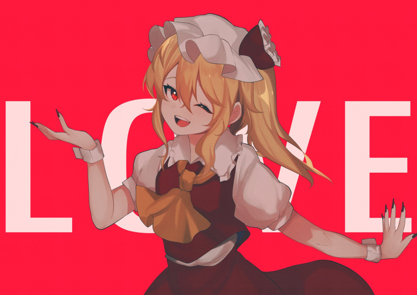 1girl ;d ascot bangs blonde_hair collar commentary crystal flandre_scarlet frilled_collar frilled_shirt_collar frills hair_between_eyes hat hat_ribbon highres majime_joe medium_hair mob_cap one_eye_closed one_side_up open_mouth puffy_short_sleeves puffy_sleeves red_background red_eyes red_nails red_ribbon red_skirt red_vest ribbon short_sleeves sidelocks skirt smile solo symbol-only_commentary teeth touhou upper_teeth vest white_headwear wings wrist_cuffs yellow_ascot