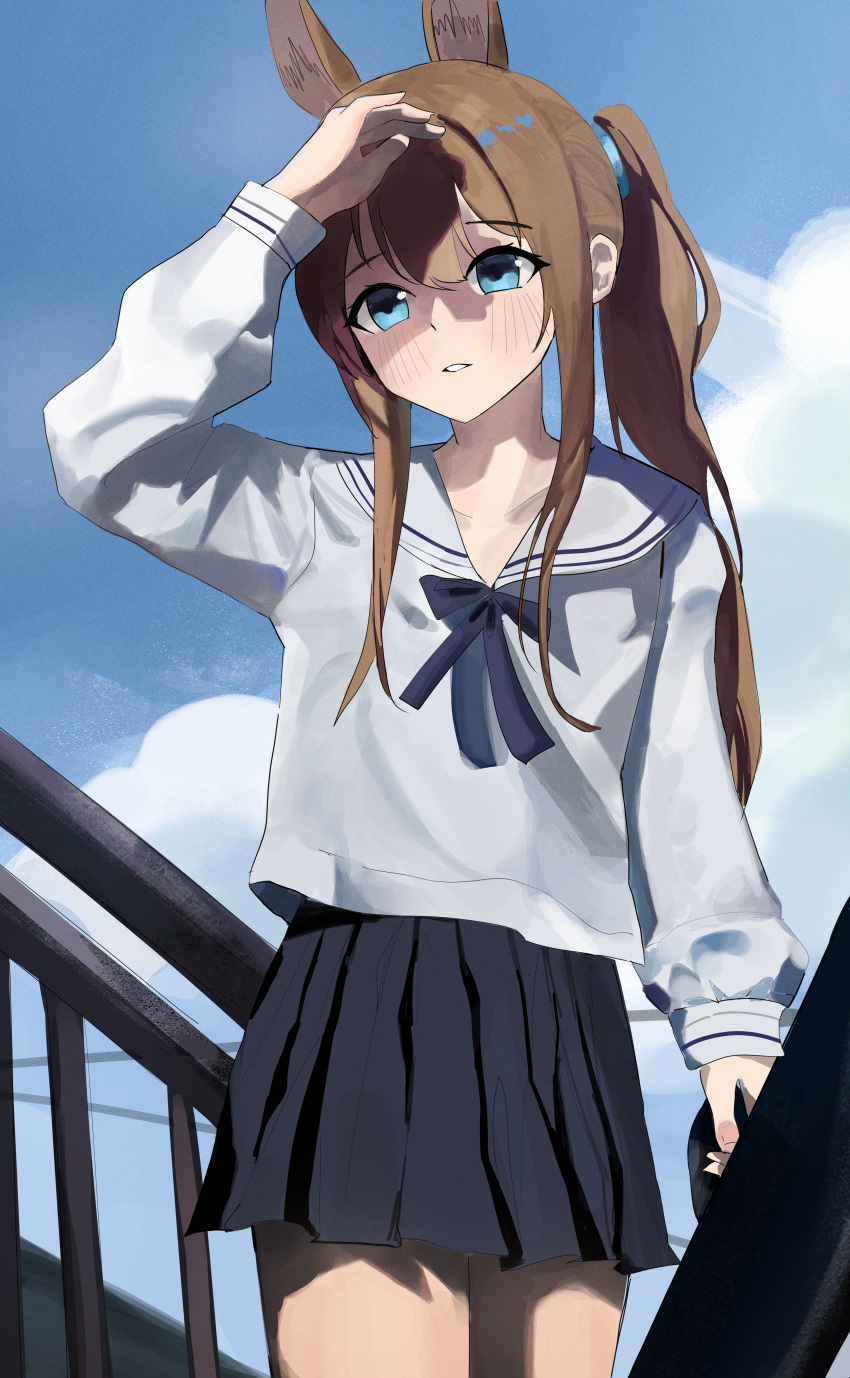1girl absurdres amiya_(arknights) animal_ear_fluff animal_ears arknights arm_up bangs black_bow black_skirt blue_eyes blue_sky blush bow brown_hair clouds commentary_request day hair_between_eyes highres holding long_sleeves outdoors parted_lips pleated_skirt ponytail puffy_long_sleeves puffy_sleeves rabbit_ears railing riel_(ataraxia2334) sailor_collar shirt sidelocks skirt sky solo white_sailor_collar white_shirt