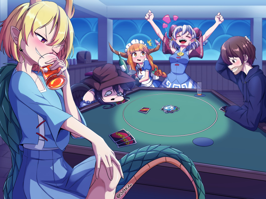 1boy 4girls alcohol antlers apron arm_on_knee arms_up back_bow bangs bar beard black_hair black_wings blonde_hair blue_dress blue_hair blue_shirt blue_skirt blue_vest blush bmkro bottle bow breasts brown_hair brown_headwear card_game clenched_hands closed_eyes coaster confused cowboy_hat cuffs cup detached_sleeves dragon_horns dragon_tail dress drinking_glass earrings eye_print facial_hair false_smile feathered_wings furrowed_brow hair_between_eyes hair_bow happy hat head_on_table highres holding holding_cup holding_tray hood hoodie horn_bow horn_ornament horn_ribbon horns ibuki_suika ice ice_cube jewelry keg_(container) kicchou_yachie kurokoma_saki long_hair long_sleeves low-tied_long_hair maid maid_apron maid_headdress meandros medium_breasts medium_hair multiple_girls mustache neck_ribbon nervous off-shoulder_shirt off_shoulder one_eye_closed oni_horns open_mouth orange_hair original patterned_clothing pegasus_wings pointy_ears red_eyes red_horns red_sleeves ribbon sad scratching_head shackles sharp_teeth sheep_horns shirt short_hair short_sleeves sidelocks sitting skirt slit_pupils small_breasts standing stubble table tail tearing_up teeth touhou toutetsu_yuuma tray turtle_shell twitter_username uno_(game) vest wings yellow_eyes