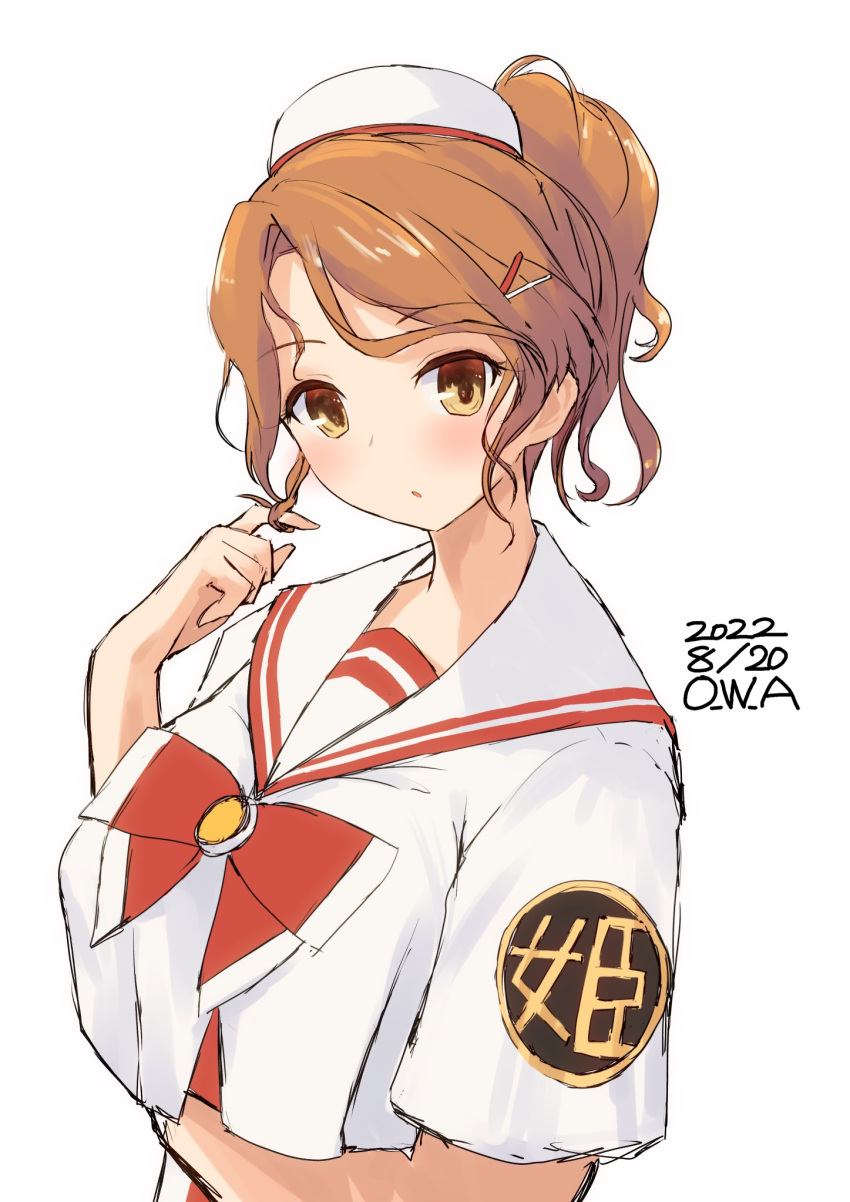 1girl aquila_(kancolle) aria bow commentary_request cosplay dated dress hair_ornament hairclip high_ponytail highres himeya_company_uniform kantai_collection logo long_hair one-hour_drawing_challenge orange_hair owa_(ishtail) red_bow sailor_collar solo twitter_username upper_body wavy_hair white_dress white_headwear white_sailor_collar yellow_eyes
