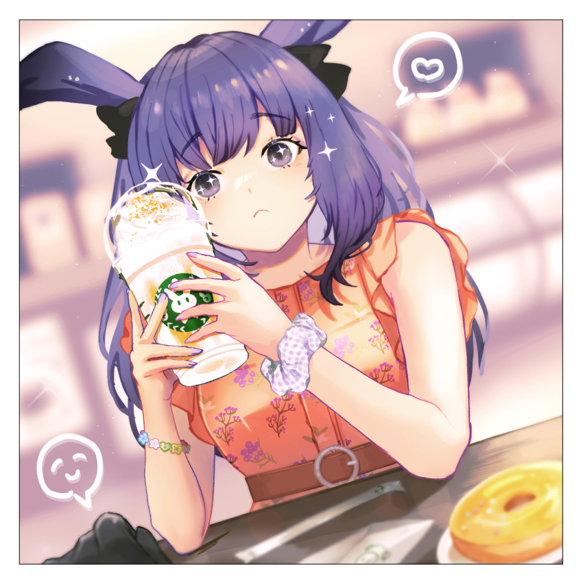 1girl alternate_costume animal_ears arknights bangs black_ribbon blurry blurry_background blush border bracelet closed_mouth cup depth_of_field disposable_cup doughnut dress floral_print food hair_ribbon heart highres holding holding_cup jewelry long_hair looking_at_viewer nail_polish orange_dress print_dress purple_hair purple_nails rabbit_ears ribbon rope_(arknights) scrunchie sleeveless sleeveless_dress solo sparkle sparkling_eyes speech_bubble spoken_heart table upper_body violet_eyes white_border wrist_scrunchie yoshiga