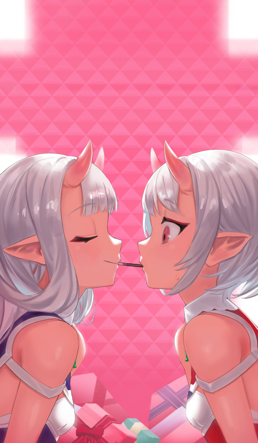 2girls absurdres artist_request bad_link bangs bare_shoulders blush box breasts brown_eyes chocolate closed_eyes dark-skinned_female dark_skin dress eyeshadow face-to-face food gift gift_box highres horns lilith-soft long_hair looking_at_another makeup mouth_hold multiple_girls official_art oni oni_horns photoshop_(medium) pink_background pocky pointy_ears profile red_eyes ribbon shiny shiny_skin short_hair siblings simple_background sisters small_breasts smile sophie_(tamanin_asagi) sweat taimanin_(series) taimanin_asagi twins upper_body valentine very_long_hair walking white_background white_hair yuphie_(taimanin_asagi)