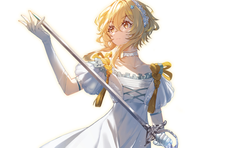 1girl bangs blonde_hair choker closed_mouth collarbone commentary_request crossed_bangs dress elbow_gloves eyelashes frills genshin_impact gloves hair_between_eyes hair_ornament hairband hairpin highres holding holding_sword holding_weapon lace-trimmed_choker lace_trim looking_to_the_side lumine_(genshin_impact) short_hair_with_long_locks sidelocks simple_background solo sword tassel weapon white_background white_choker white_dress white_gloves white_hairband yan_er10 yellow_eyes