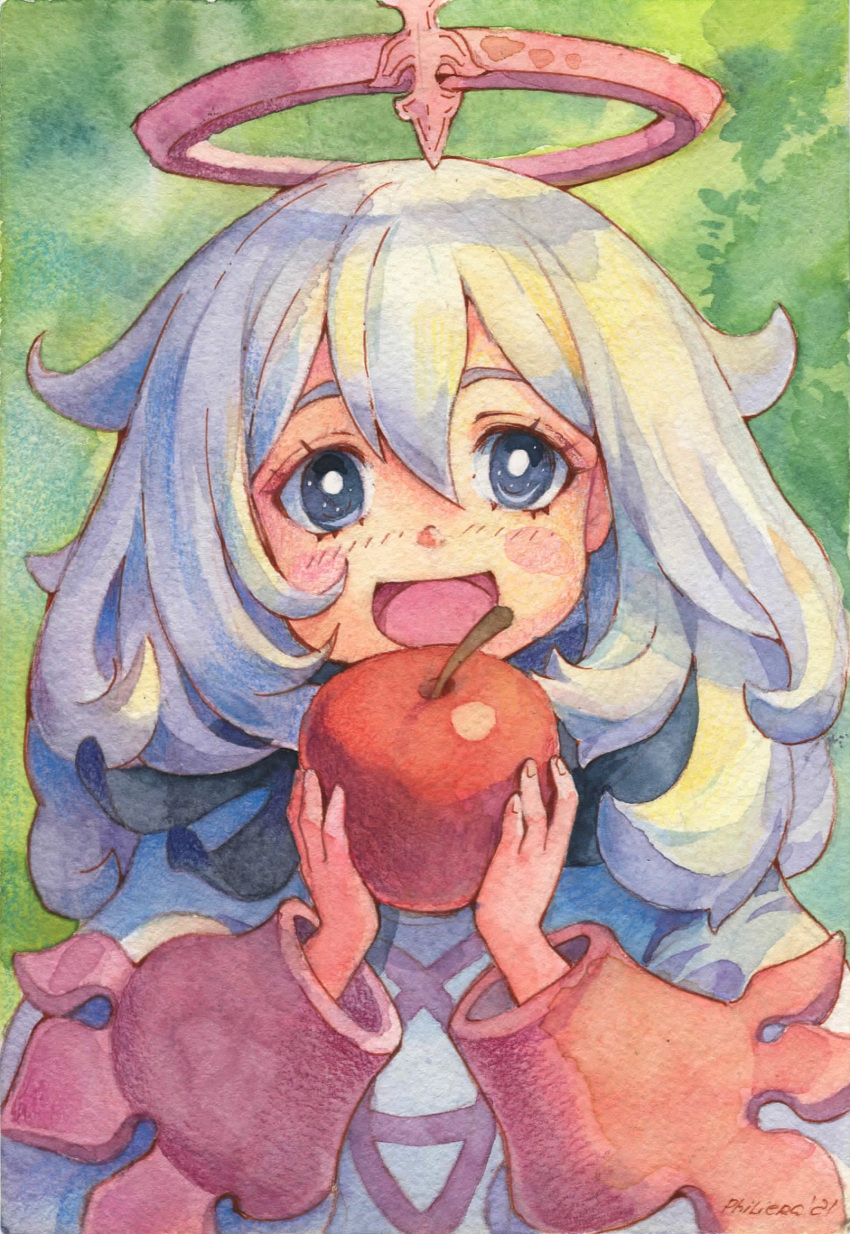1girl apple bangs blue_eyes dress food fruit genshin_impact grey_hair halo highres holding holding_food holding_fruit long_hair open_mouth paimon_(genshin_impact) painting_(medium) philiera russian_commentary shadow smile solo traditional_media watercolor_(medium) white_dress