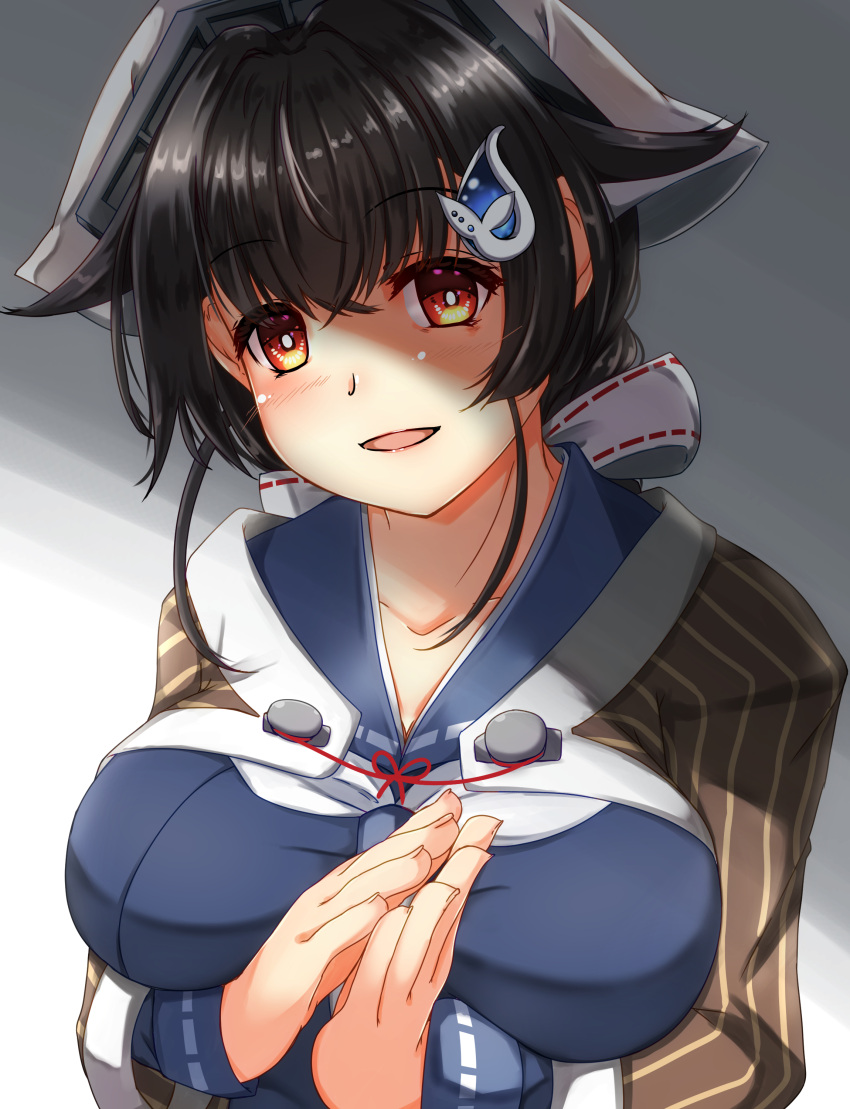 1girl absurdres bandana black_hair blue_serafuku blue_shirt breasts brown_shawl hair_flaps hair_ornament hairclip highres jingei_(kancolle) kantai_collection large_breasts long_hair long_sleeves low_ponytail neckerchief red_eyes school_uniform serafuku shawl shigatsu_(soratobuusagi) shirt solo upper_body whale_hair_ornament white_neckerchief