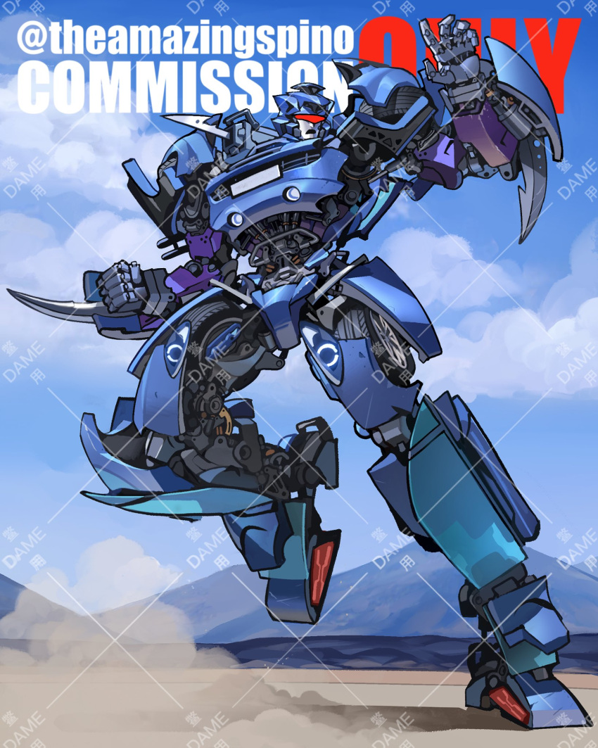 clenched_hand clouds commission highres looking_to_the_side mecha open_hand open_mouth original robot science_fiction sky solo theamazingspino transformers visor watermark wheel