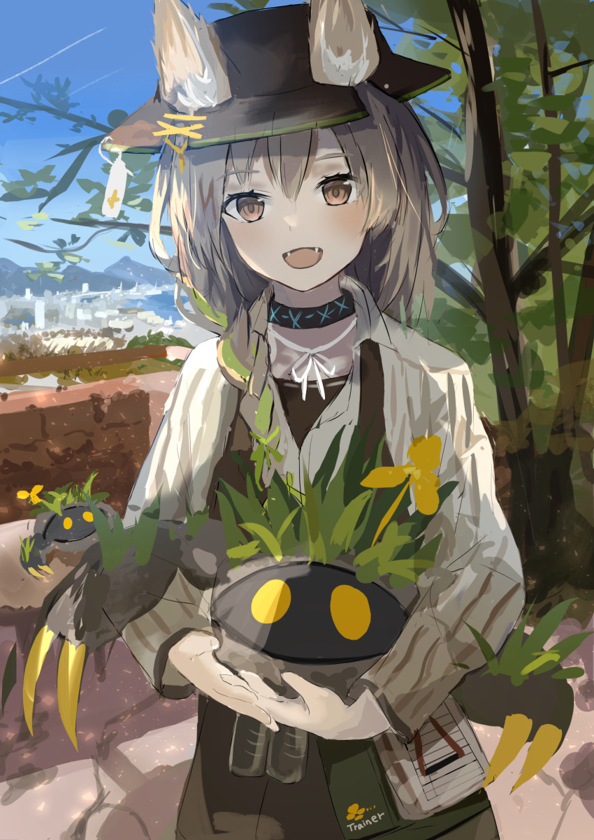 1girl :d animal_ear_fluff arknights bag bangs beanstalk_(arknights) black_collar black_headwear black_shirt blue_sky blush bottle braid braided_ponytail branch brick_wall brown_eyes brown_pants city collar collared_shirt commentary cowboy_shot creature day ears_through_headwear english_text fangs grass hair_between_eyes hair_over_shoulder hat headwear_request highres holding holding_creature hyena_ears hyena_girl koge_nattou lake long_hair long_sleeves looking_at_viewer low_ponytail metal_crab_(arknights) mountain mountainous_horizon neck_ribbon open_hands open_mouth outdoors pants ribbon shirt shirt_under_shirt shoulder_bag single_braid sky sleeves_past_wrists smile solo standing striped striped_shirt tag tree white_ribbon white_shirt wing_collar