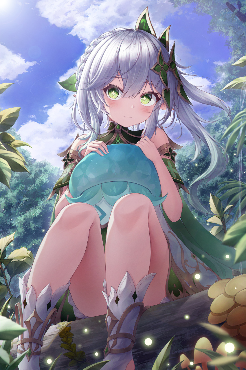 1girl absurdres bare_legs blue_sky blush braid child closed_mouth clouds colored_tips day detached_sleeves dress feet_out_of_frame female_child floating_hair forest genshin_impact gradient_hair green_eyes green_hair grey_hair hair_between_eyes hair_ornament highres ichizon in_tree knees_up leaf leaf_hair_ornament legs long_hair looking_at_viewer multicolored_hair nahida_(genshin_impact) nature outdoors plant pointy_ears short_dress side_ponytail sidelocks sitting sitting_in_tree sky sleeveless sleeveless_dress socks solo symbol-shaped_pupils thighs toeless_footwear tree white_dress white_hair white_socks