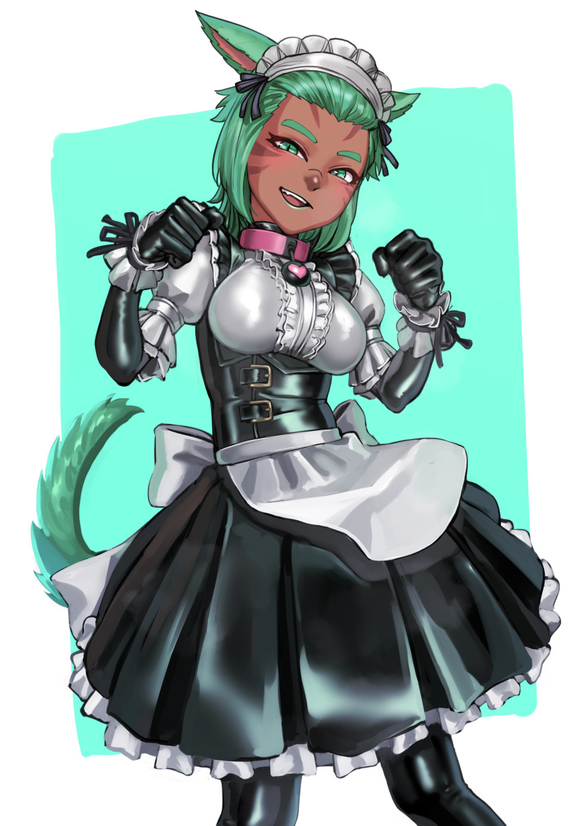 1girl absurdres animal_ears apron bangs bodysuit borrowed_character cat_ears dark-skinned_female dark_skin facial_mark final_fantasy final_fantasy_xiv frills green_eyes green_hair highres kilye_kairi latex latex_bodysuit long_sleeves looking_at_viewer maid maid_headdress miqo'te puffy_sleeves short_hair slit_pupils solo tail tattoo whisker_markings