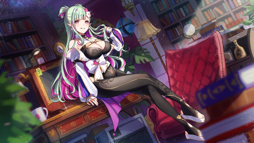1girl bookshelf breasts coucourua_creil green_hair hair_ornament highres key_visual long_hair looking_at_viewer multicolored_hair official_art pink_eyes pink_hair piroshiki123 promotional_art re:act smile twintails virtual_youtuber