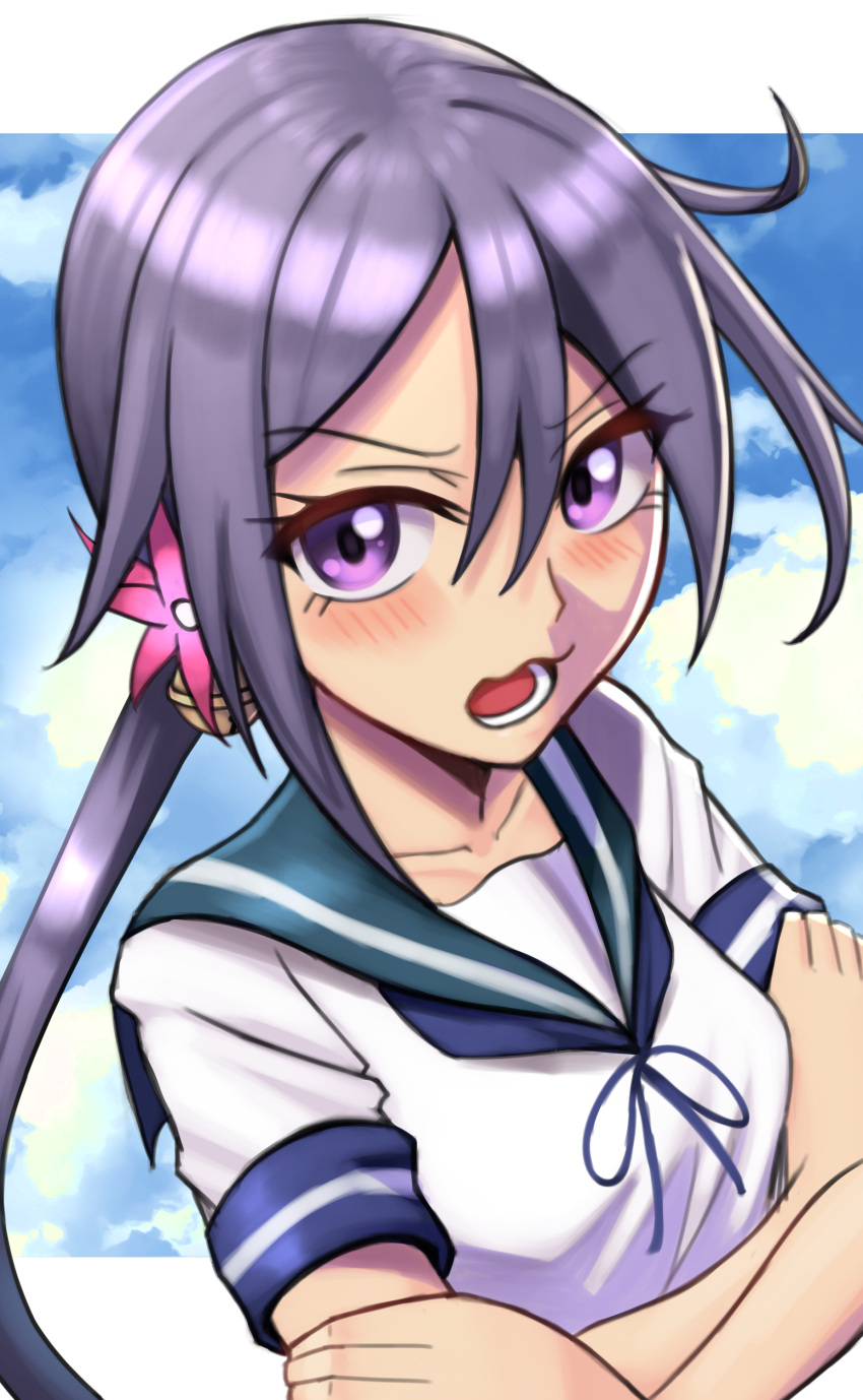 1girl absurdres akebono_(kancolle) blush border crossed_arms embarrassed flower from_above frown hair_flower hair_ornament highres kantai_collection long_hair open_mouth purple_hair school_uniform side_ponytail silverchariotx sky solo teeth uniform