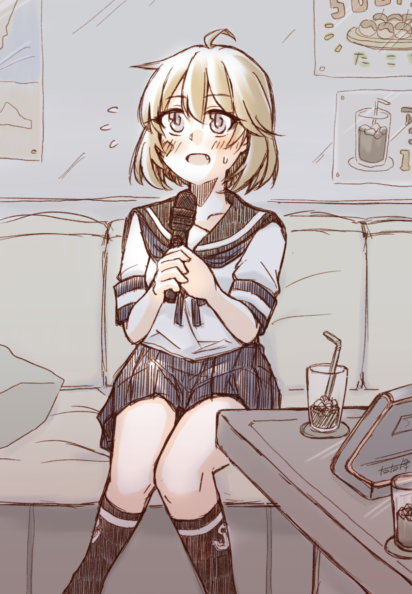 1girl absurdres anchor_symbol bandaid bandaid_on_face black_sailor_collar black_skirt colorized commentary_request couch drink fang feet_out_of_frame glass grey_eyes highres kantai_collection karaoke kneehighs light_brown_hair lineart microphone monochrome music oboro_(kancolle) pleated_skirt sailor_collar school_uniform serafuku short_hair singing sitting skirt socks solo table tatahai