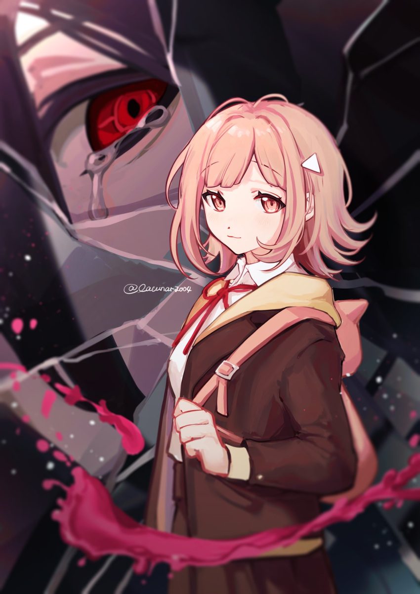 1boy 1girl alternate_hair_ornament animal_bag backpack bag bangs black_hair blood brown_jacket brown_skirt cat_bag closed_mouth collared_shirt commentary danganronpa_(series) danganronpa_3_(anime) highres hood hood_down hooded_jacket hope's_peak_academy_school_uniform jacket kamukura_izuru liang_cun_rakuna long_hair looking_at_viewer nanami_chiaki neck_ribbon open_clothes open_jacket pink_bag pink_blood pink_eyes pink_hair pleated_skirt red_eyes red_ribbon ribbon school_uniform shirt short_hair skirt smile symbol-only_commentary tears triangle_hair_ornament upper_body white_shirt