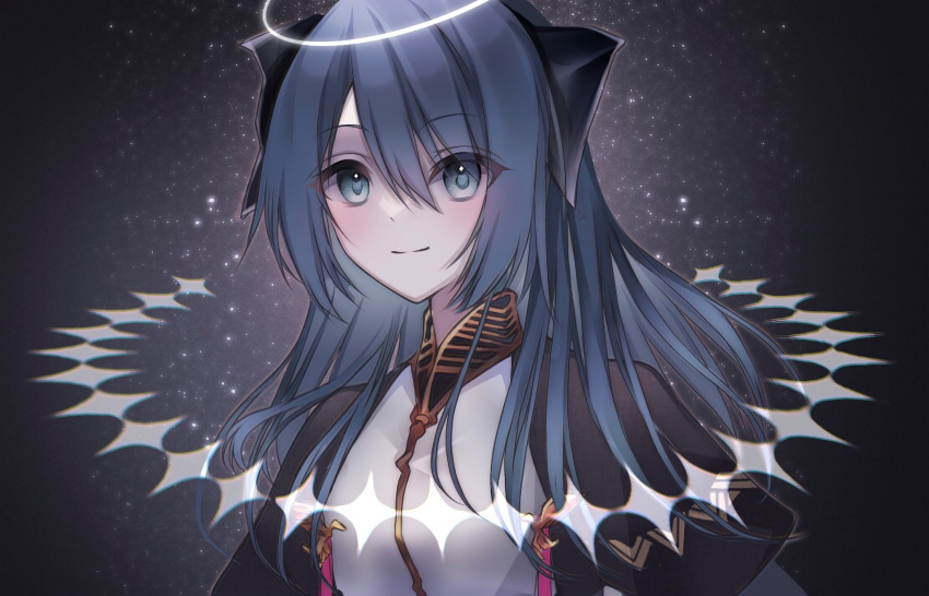 1girl arknights black_background black_sleeves blue_hair blush breasts demon_horns hair_between_eyes halo highres horns long_hair looking_at_viewer mostima_(arknights) mostima_(spellbreaker)_(arknights) official_alternate_costume shirt simple_background small_breasts smile solo tofu_(fu_tofc) upper_body white_shirt