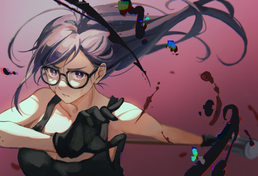 1girl absurdres bare_arms bare_shoulders black-framed_eyewear black_gloves black_tank_top blood blood_on_face bright_pupils chinese_commentary commentary_request floating_hair glasses glitch gloves hammer highres holding holding_weapon long_hair looking_at_viewer minakata_hizuru mole mole_under_mouth pink_background purple_hair simple_background sledgehammer solo summertime_render tank_top upper_body violet_eyes weapon white_pupils xiaomei36549