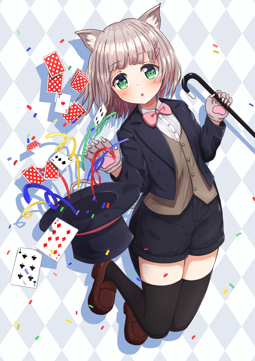 1girl :o absurdres animal_ears animal_hands bangs blush bow bowtie cane card cat_ears cat_girl confetti fingerless_gloves gloves green_eyes grey_hair hair_ornament hairclip hat hat_removed headwear_removed highres holding holding_cane holding_clothes holding_hat jacket jumping kobutanuki loafers open_mouth original paw_gloves playing_card shoes short_hair shorts solo thigh-highs top_hat traditional_bowtie vest