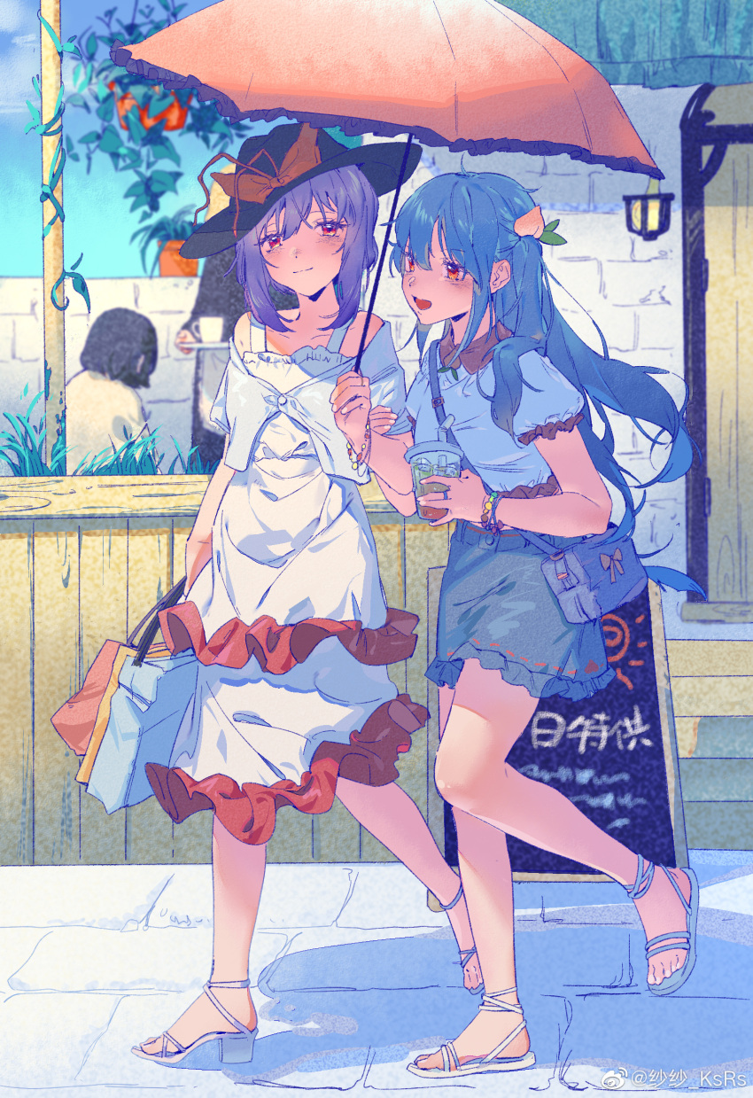 2girls :d alternate_costume bag bare_shoulders bead_bracelet beads black_headwear blue_hair blush bow bracelet casual chinese_commentary closed_mouth collarbone collared_shirt commentary_request contemporary cup day disposable_cup door dress fingernails food-themed_hair_ornament frilled_dress frilled_shirt frills grass grey_shorts guozimiao hair_ornament hat hat_bow highres hinanawi_tenshi holding holding_bag holding_cup holding_umbrella ivy jewelry locked_arms long_hair looking_at_another multiple_girls nagae_iku no_socks outdoors parasol peach_hair_ornament people plant potted_plant purple_hair rainbow_gradient red_bow red_eyes ribbon-trimmed_shorts ribbon_trim satchel shared_umbrella shirt shopping_bag short_hair shorts sign sky smile stairs touhou umbrella very_long_hair weibo_logo weibo_username white_dress white_shirt