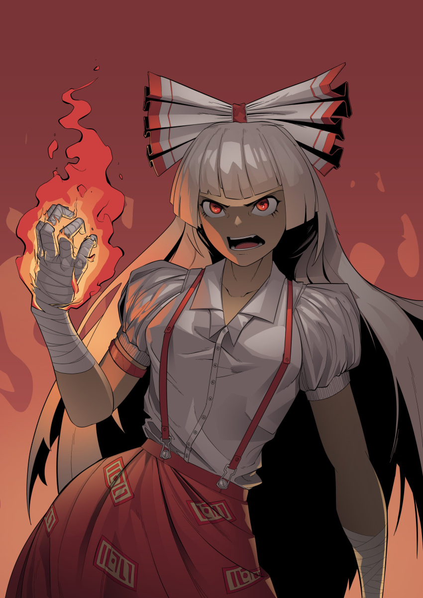 1girl absurdres bandaged_arm bandages bangs bow breasts buttons collarbone collared_shirt fang fire fujiwara_no_mokou gradient gradient_background grey_bow grey_hair grey_shirt hair_bow hand_up highres long_hair looking_to_the_side medium_breasts multicolored_bow ofuda ofuda_on_clothes open_mouth orange_background red_background red_bow red_eyes red_skirt shirt short_sleeves skirt solo standing suspender_skirt suspenders teeth the_robot_boy tongue touhou