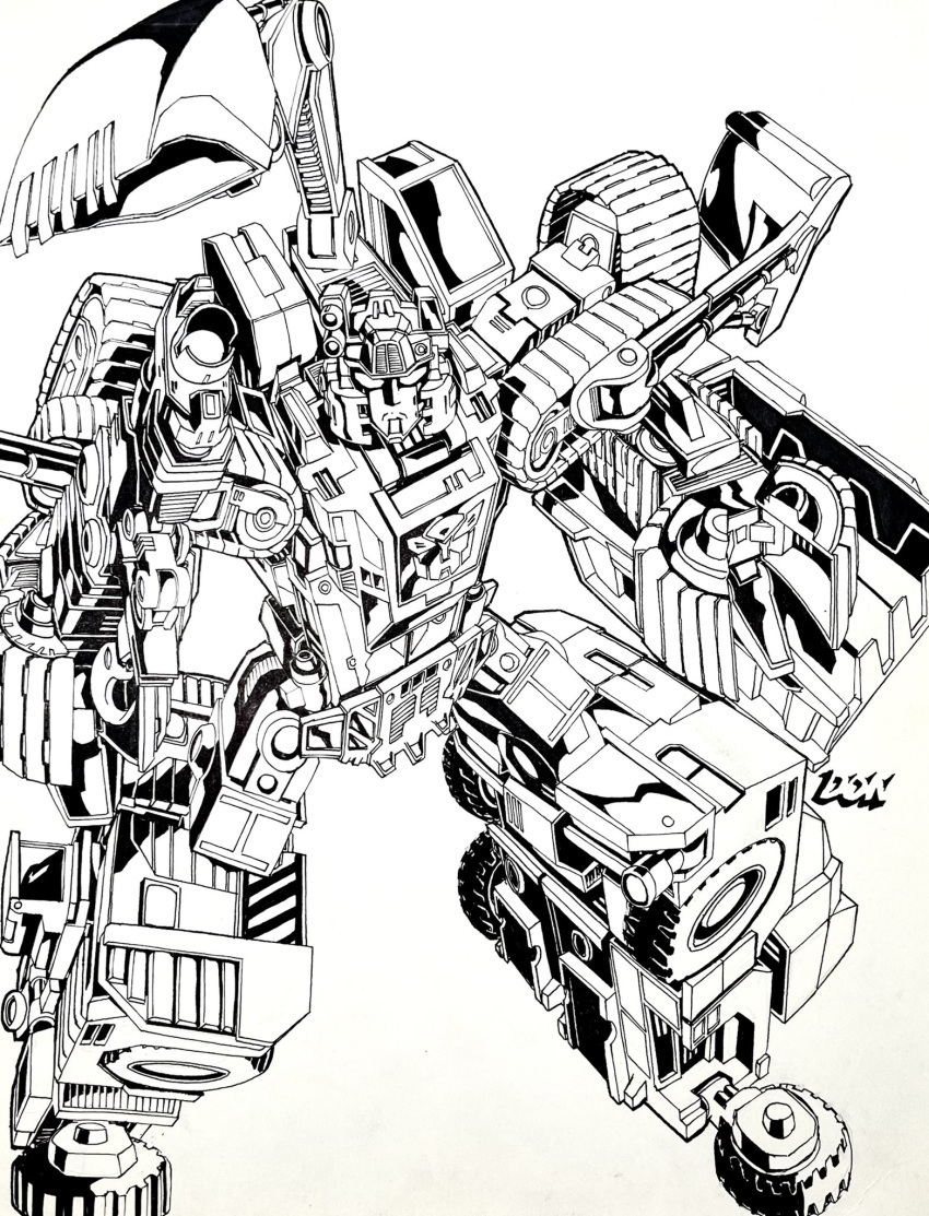 autobot caterpillar_tracks don_allan_figueroa frown greyscale gun highres holding holding_gun holding_weapon landfill_(transformers) lineart looking_at_viewer mecha monochrome no_humans robot science_fiction solo transformers transformers_car_robots weapon wheel white_background