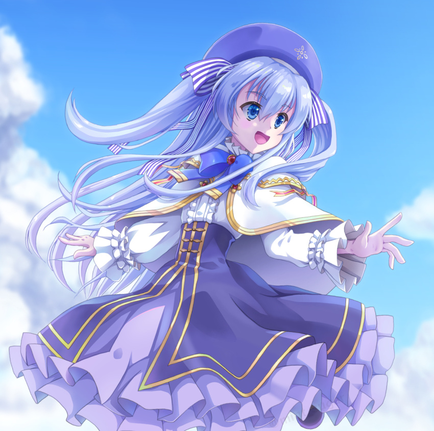 1girl :d bangs beret black_footwear blue_bow blue_bowtie blue_eyes blue_sky bow bowtie brooch capelet celia_claire clouds cloudy_sky commentary_request day dress facing_viewer floating_hair frilled_dress frills gold_trim hair_between_eyes hair_ribbon hat highres jewelry layered_dress leshade_entis long_hair looking_to_the_side open_mouth purple_dress purple_headwear purple_ribbon ribbon seirei_gensouki sky sleeves_past_wrists smile solo standing standing_on_one_leg striped striped_ribbon tongue twitter_username two-tone_ribbon very_long_hair white_capelet white_hair white_ribbon wind