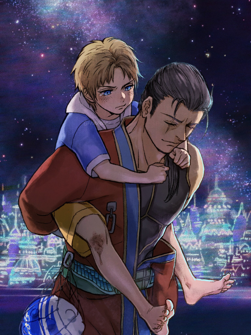 2boys arms_around_neck auron bangs barefoot black_hair black_tank_top blitzball blonde_hair blue_eyes blue_hoodie blush carrying city closed_eyes crying final_fantasy final_fantasy_x full_body hair_slicked_back highres hood hood_down hoodie japanese_clothes kimono male_child male_focus multiple_boys nexeee night night_sky parted_bangs piggyback red_kimono scar scar_across_eye short_hair short_sleeves shorts sky tank_top tears tidus upper_body yellow_shorts younger