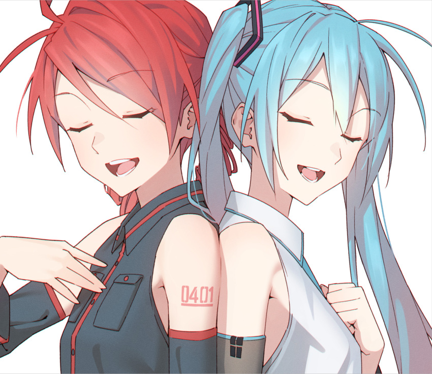 2girls ahoge aqua_hair aqua_necktie armpit_crease back-to-back bare_shoulders black_shirt black_sleeves breast_pocket clenched_hand closed_eyes detached_sleeves drill_hair facing_viewer from_side hair_ornament hand_on_own_chest hatsune_miku highres kasane_teto long_hair multiple_girls music necktie open_mouth pocket redhead shirt shoulder_tattoo singing sleeveless sleeveless_shirt tattoo twintails upper_body utau vocaloid white_background white_shirt yasutange